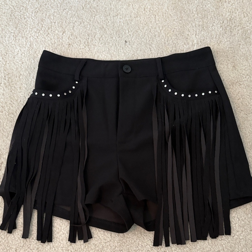 Black High-Waist Fringe Shorts with Stud Detail